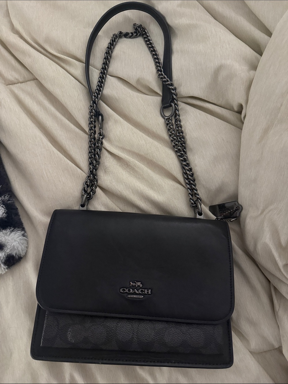 Coach Black Leather & Signature Canvas Chain Shoulder Bag